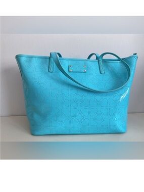 Kate Spade New York Perforated Patent Leather Tote Bag Aqua Blue